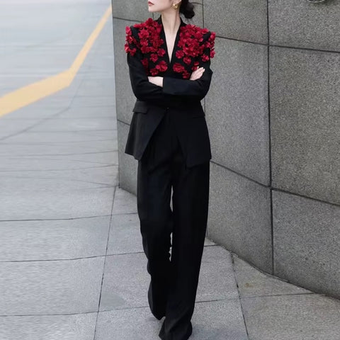 New Fashion Patchwork 3D Flower Blazer High Waist Loose Pants 2 Pcs Set  CODE: KAR4427