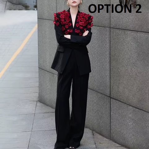 New Fashion Patchwork 3D Flower Blazer High Waist Loose Pants 2 Pcs Set  CODE: KAR4427