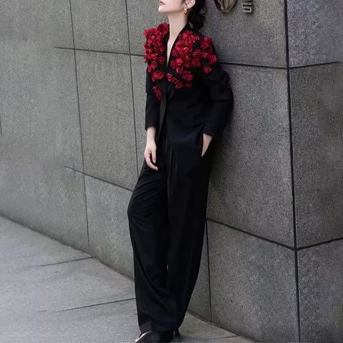 New Fashion Patchwork 3D Flower Blazer High Waist Loose Pants 2 Pcs Set  CODE: KAR4427