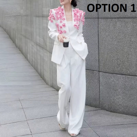 New Fashion Patchwork 3D Flower Blazer High Waist Loose Pants 2 Pcs Set  CODE: KAR4427