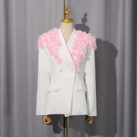 New Fashion Patchwork 3D Flower Blazer High Waist Loose Pants 2 Pcs Set  CODE: KAR4427