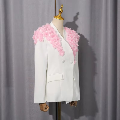 New Fashion Patchwork 3D Flower Blazer High Waist Loose Pants 2 Pcs Set  CODE: KAR4427