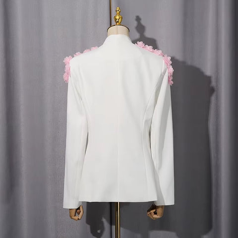 New Fashion Patchwork 3D Flower Blazer High Waist Loose Pants 2 Pcs Set  CODE: KAR4427