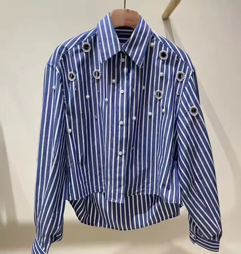 New Pearl Short Versatile Striped Shirt Top CODE: KAR4431