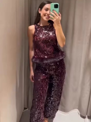 New Sequin Fur Vest Top Party Outfit 2 Piece Set CODE: KAR4438