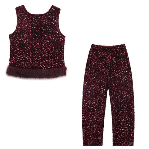 New Sequin Fur Vest Top Party Outfit 2 Piece Set CODE: KAR4438