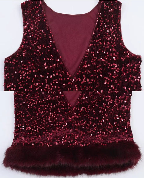 New Sequin Fur Vest Top Party Outfit 2 Piece Set CODE: KAR4438