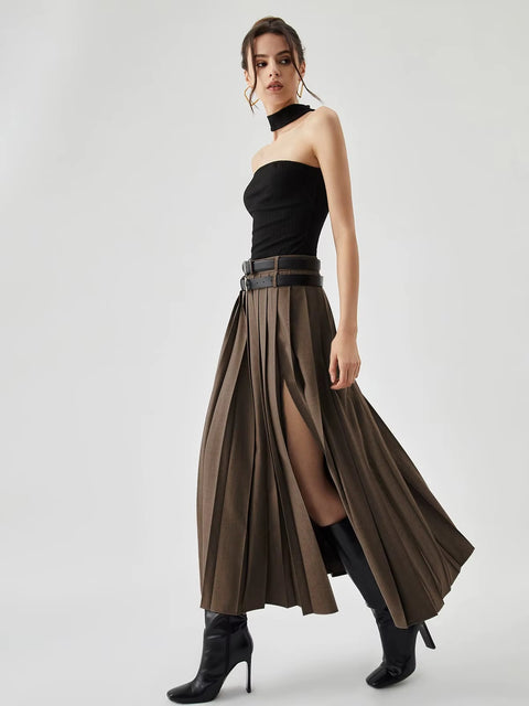 New Fashion High Waist Slit Pleated Long Skirt CODE: KAR4448