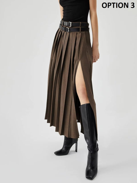 New Fashion High Waist Slit Pleated Long Skirt CODE: KAR4448
