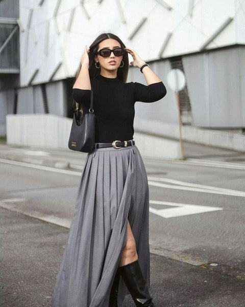 New Fashion High Waist Slit Pleated Long Skirt CODE: KAR4448