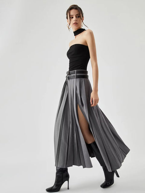 New Fashion High Waist Slit Pleated Long Skirt CODE: KAR4448