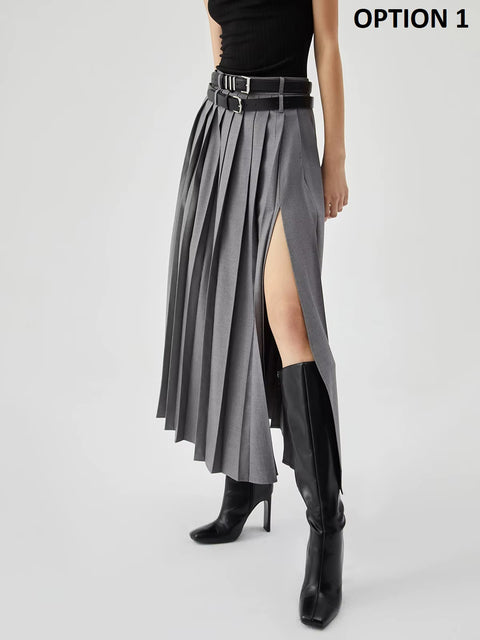 New Fashion High Waist Slit Pleated Long Skirt CODE: KAR4448
