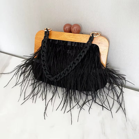 New Fashion Shoulder Underarm Ostrich Hair Wooden Frame Handbag With Chain CODE: KAR4450
