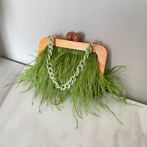 New Fashion Shoulder Underarm Ostrich Hair Wooden Frame Handbag With Chain CODE: KAR4450
