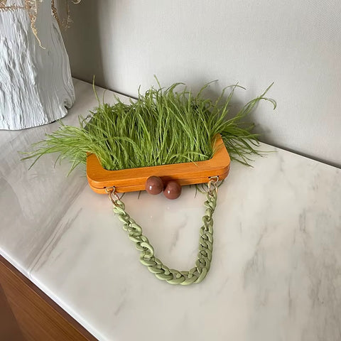 New Fashion Shoulder Underarm Ostrich Hair Wooden Frame Handbag With Chain CODE: KAR4450