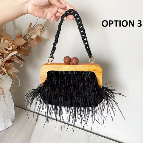 New Fashion Shoulder Underarm Ostrich Hair Wooden Frame Handbag With Chain CODE: KAR4450
