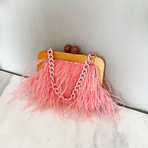 New Fashion Shoulder Underarm Ostrich Hair Wooden Frame Handbag With Chain CODE: KAR4450