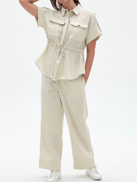 New Fashion Elegant Short Sleeve Shirt With High Waist Wide Pants 2pcs Set CODE: KAR4479