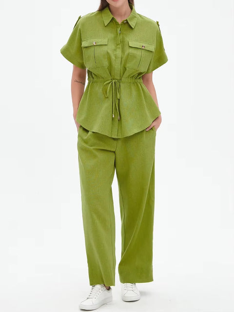 New Fashion Elegant Short Sleeve Shirt With High Waist Wide Pants 2pcs Set CODE: KAR4479
