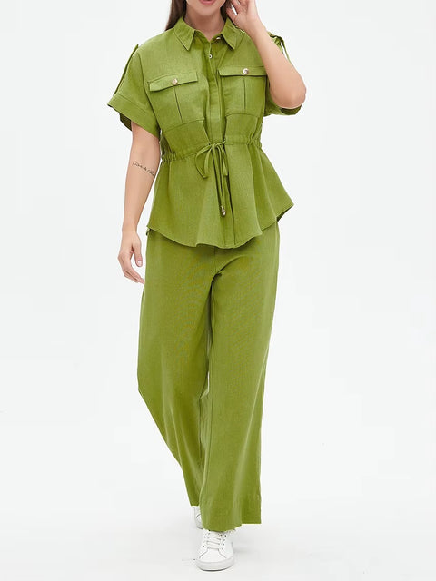 New Fashion Elegant Short Sleeve Shirt With High Waist Wide Pants 2pcs Set CODE: KAR4479