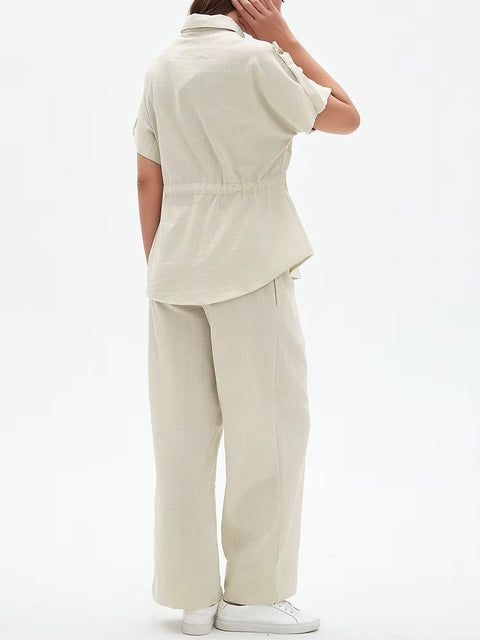 New Fashion Elegant Short Sleeve Shirt With High Waist Wide Pants 2pcs Set CODE: KAR4479