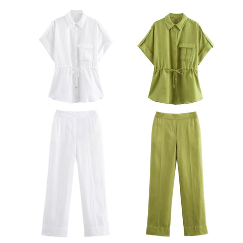 New Fashion Elegant Short Sleeve Shirt With High Waist Wide Pants 2pcs Set CODE: KAR4479