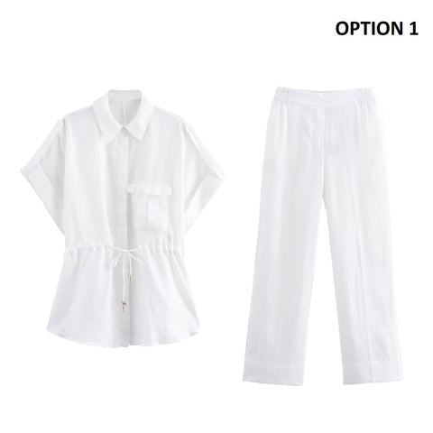 New Fashion Elegant Short Sleeve Shirt With High Waist Wide Pants 2pcs Set CODE: KAR4479