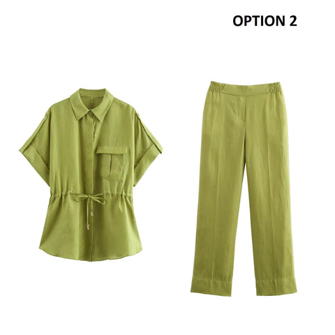 New Fashion Elegant Short Sleeve Shirt With High Waist Wide Pants 2pcs Set CODE: KAR4479