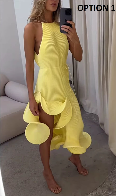 New Fashion Elegant Irregular Pleated Ruffles Halter Midi Dress CODE: KAR4483