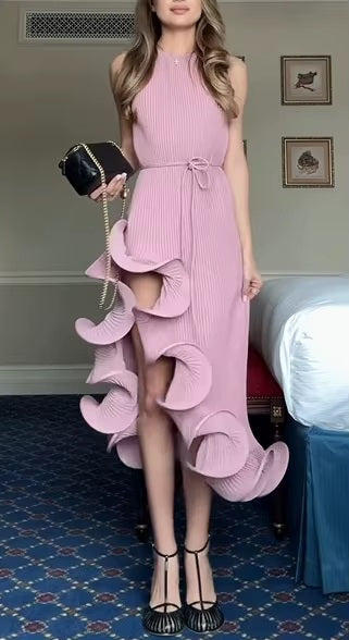 New Fashion Elegant Irregular Pleated Ruffles Halter Midi Dress CODE: KAR4483