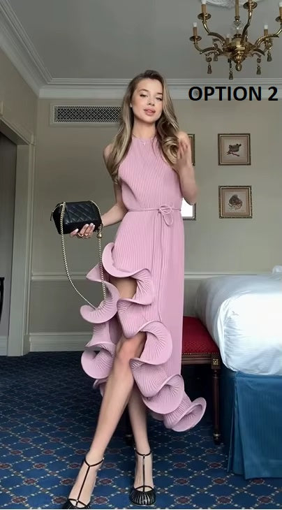 New Fashion Elegant Irregular Pleated Ruffles Halter Midi Dress CODE: KAR4483