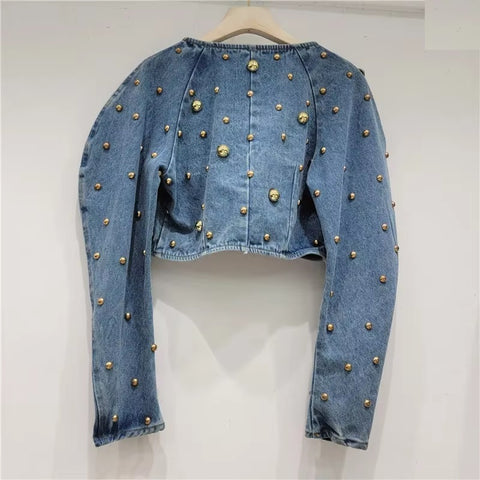 New Fashion O-neck Round Rivet Patchwork Gold Beaded Jackets CODE: KAR4486