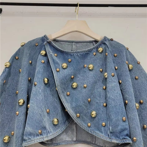 New Fashion O-neck Round Rivet Patchwork Gold Beaded Jackets CODE: KAR4486