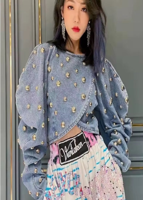 New Fashion O-neck Round Rivet Patchwork Gold Beaded Jackets CODE: KAR4486