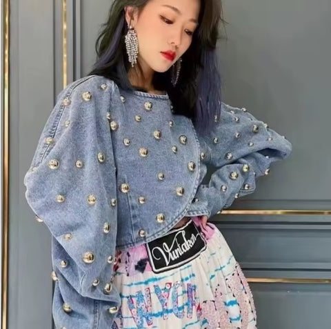 New Fashion O-neck Round Rivet Patchwork Gold Beaded Jackets CODE: KAR4486