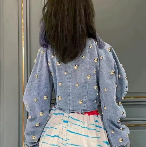 New Fashion O-neck Round Rivet Patchwork Gold Beaded Jackets CODE: KAR4486