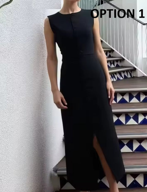 New Single-breasted Round Neck Sleeveless Chic Belt Midi Dress CODE: KAR4489