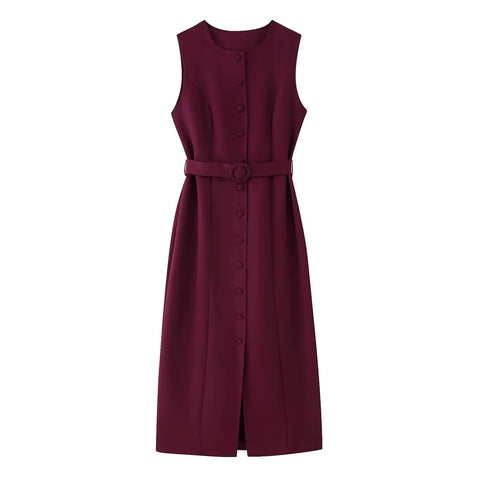 New Single-breasted Round Neck Sleeveless Chic Belt Midi Dress CODE: KAR4489