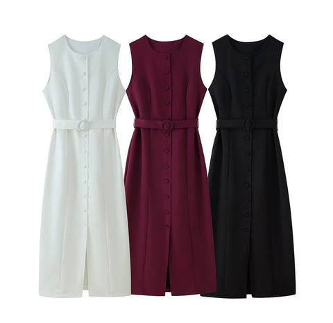 New Single-breasted Round Neck Sleeveless Chic Belt Midi Dress CODE: KAR4489