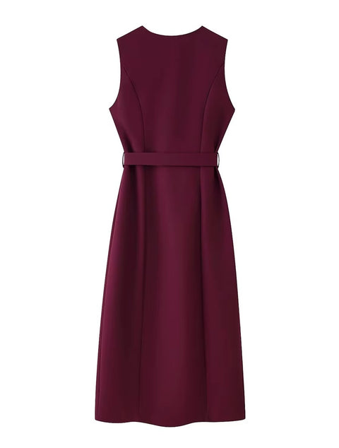New Single-breasted Round Neck Sleeveless Chic Belt Midi Dress CODE: KAR4489