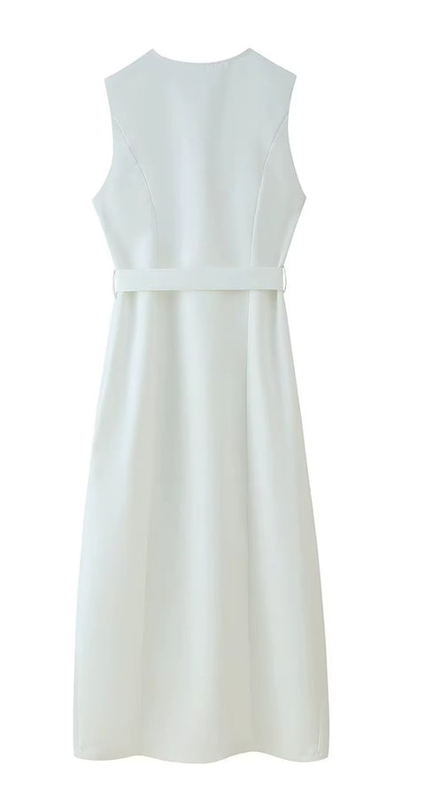 New Single-breasted Round Neck Sleeveless Chic Belt Midi Dress CODE: KAR4489