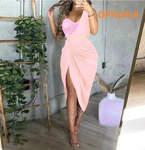 New Sexy Sequined Slit Pleated One-shoulder Evening Dress CODE: KAR4494