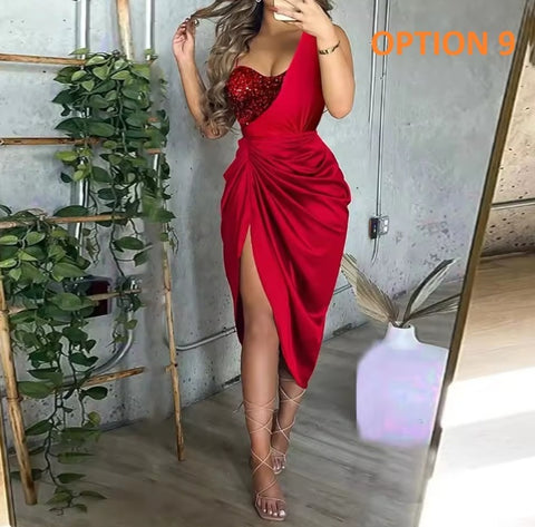 New Sexy Sequined Slit Pleated One-shoulder Evening Dress CODE: KAR4494