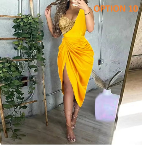 New Sexy Sequined Slit Pleated One-shoulder Evening Dress CODE: KAR4494