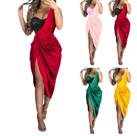 New Sexy Sequined Slit Pleated One-shoulder Evening Dress CODE: KAR4494