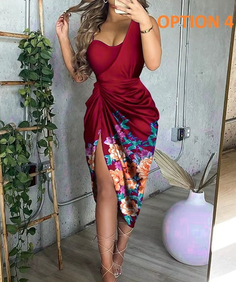 New Sexy Sequined Slit Pleated One-shoulder Evening Dress CODE: KAR4494