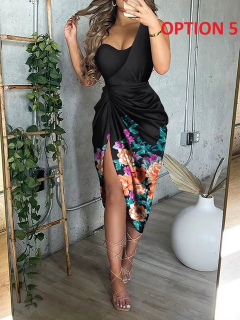 New Sexy Sequined Slit Pleated One-shoulder Evening Dress CODE: KAR4494