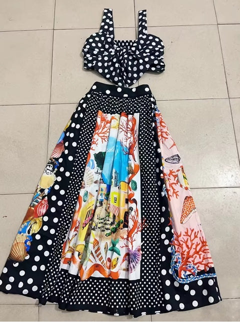 New polka dots, bow tube top + Loose Skirt Suit Set CODE: KAR4495