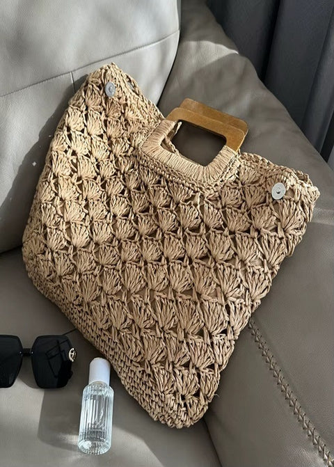 New Fashion solid color large capacity with a wooden handle straw bag CODE: KAR4509