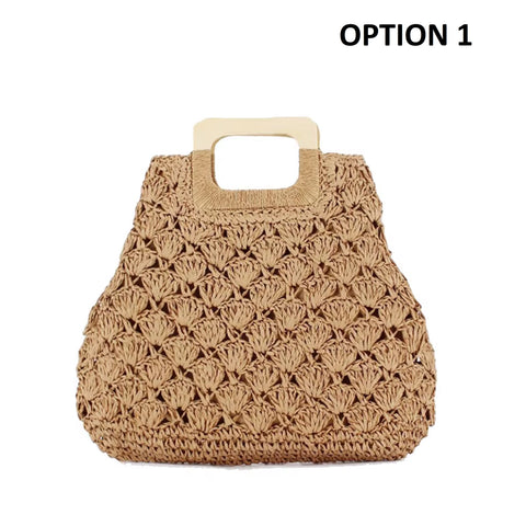 New Fashion solid color large capacity with a wooden handle straw bag CODE: KAR4509
